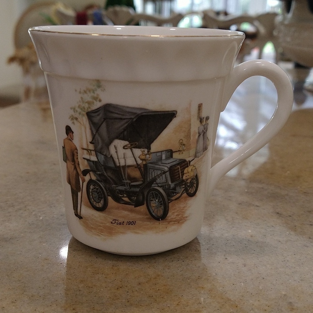 Staffordshire bone china crown England Fiat 1901 car porcelain mug 3 3/4" tall